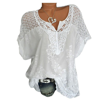 Plus Size Womens V Neck Lace Tops Shirt Ladies Summer Casual Blouse Pullover Tee - White 3XL