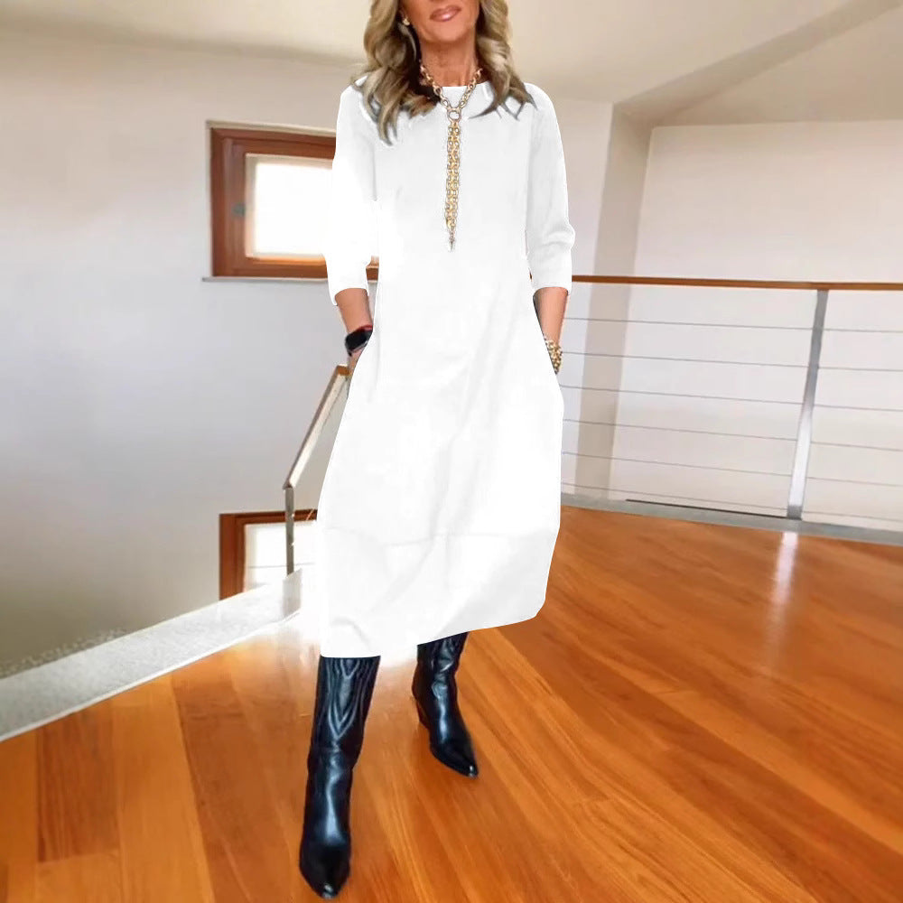 Autumn And Winter New All-matching Solid Color Loose Round-neck Long-sleeved Dress Women - KKAM STORES