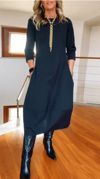 Autumn And Winter New All-matching Solid Color Loose Round-neck Long-sleeved Dress Women - KKAM STORES