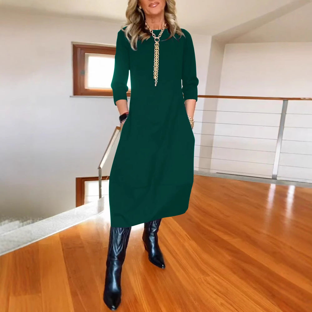 Autumn And Winter New All-matching Solid Color Loose Round-neck Long-sleeved Dress Women - KKAM STORES