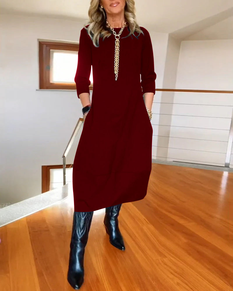 Autumn And Winter New All-matching Solid Color Loose Round-neck Long-sleeved Dress Women - KKAM STORES