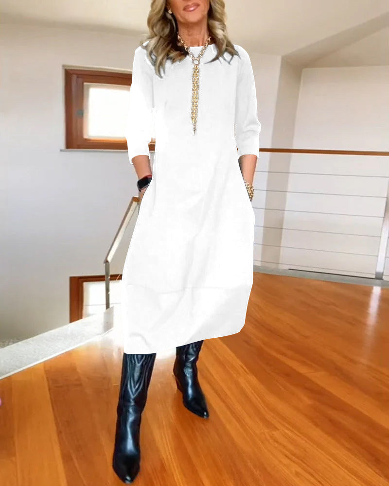 Autumn And Winter New All-matching Solid Color Loose Round-neck Long-sleeved Dress Women - KKAM STORES