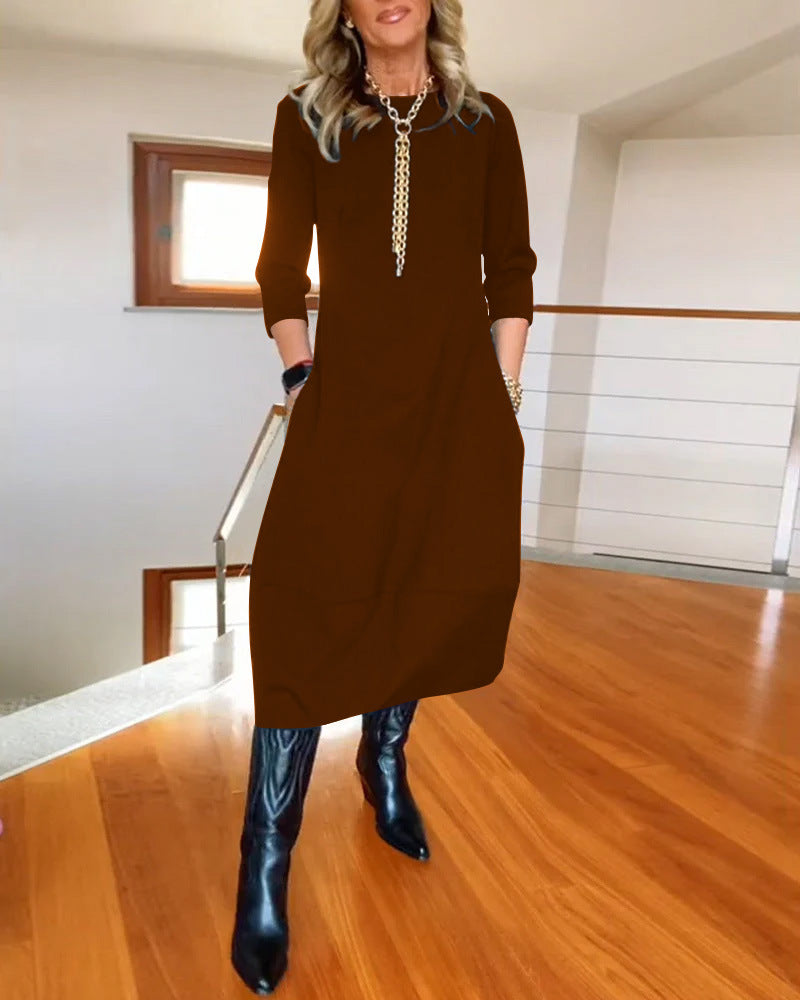 Autumn And Winter New All-matching Solid Color Loose Round-neck Long-sleeved Dress Women - KKAM STORES