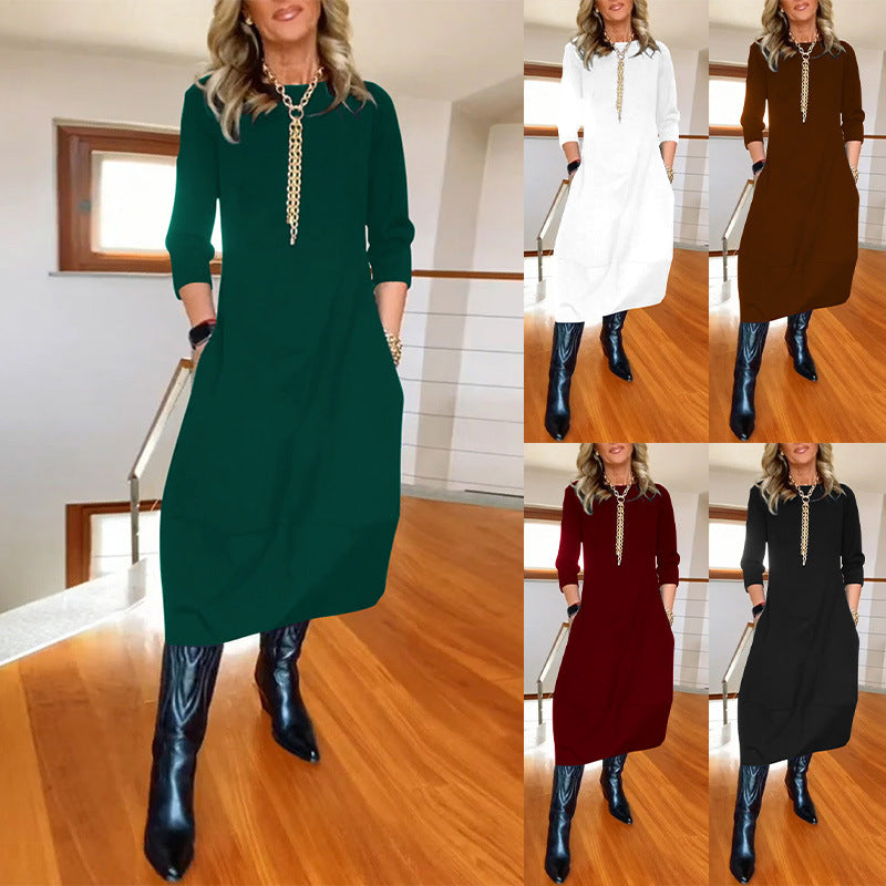 Autumn And Winter New All-matching Solid Color Loose Round-neck Long-sleeved Dress Women - KKAM STORES