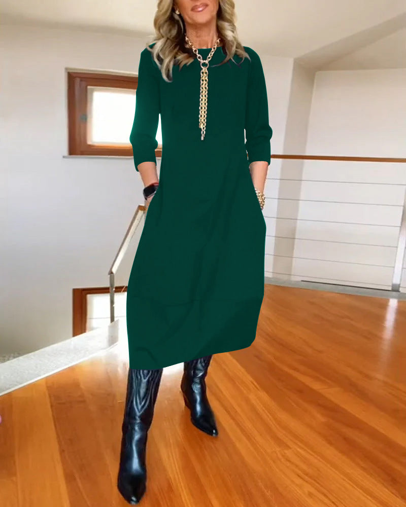 Autumn And Winter New All-matching Solid Color Loose Round-neck Long-sleeved Dress Women - KKAM STORES