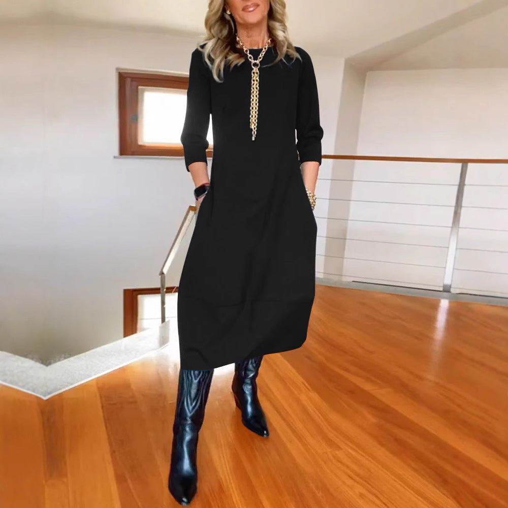 Autumn And Winter New All-matching Solid Color Loose Round-neck Long-sleeved Dress Women - KKAM STORES