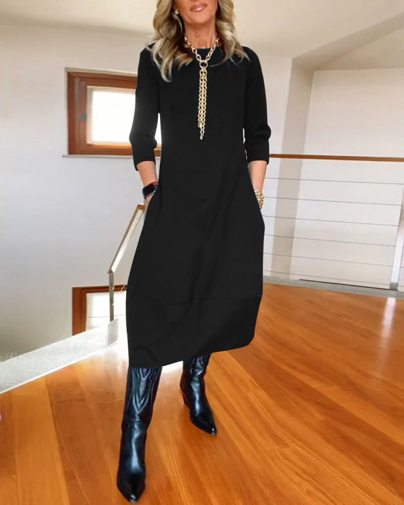 Autumn And Winter New All-matching Solid Color Loose Round-neck Long-sleeved Dress Women - KKAM STORES