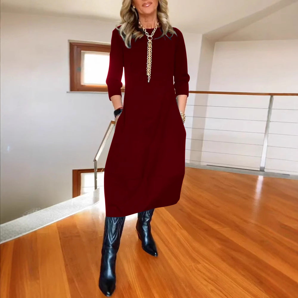 Autumn And Winter New All-matching Solid Color Loose Round-neck Long-sleeved Dress Women - KKAM STORES