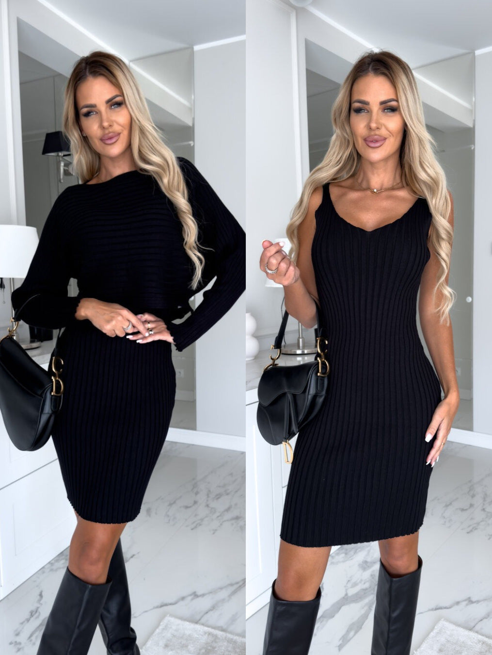 2pcs Suit Women's Solid Stripe Long-sleeved Top And Tight Suspender Skirt Fashion Autumn Winter Slim Clothing - KKAM STORES