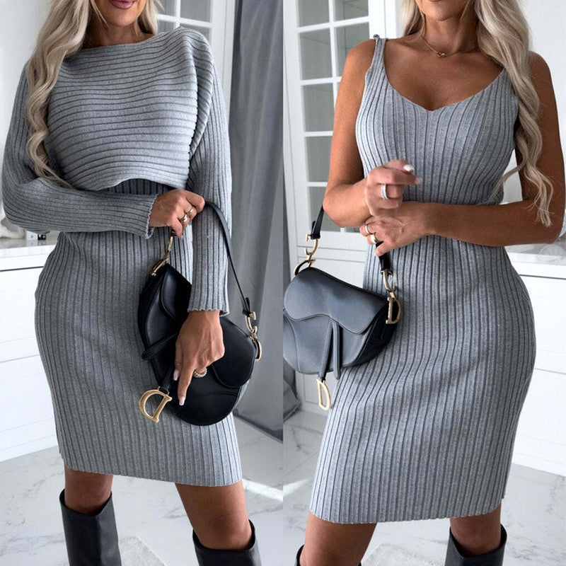 2pcs Suit Women's Solid Stripe Long-sleeved Top And Tight Suspender Skirt Fashion Autumn Winter Slim Clothing - KKAM STORES