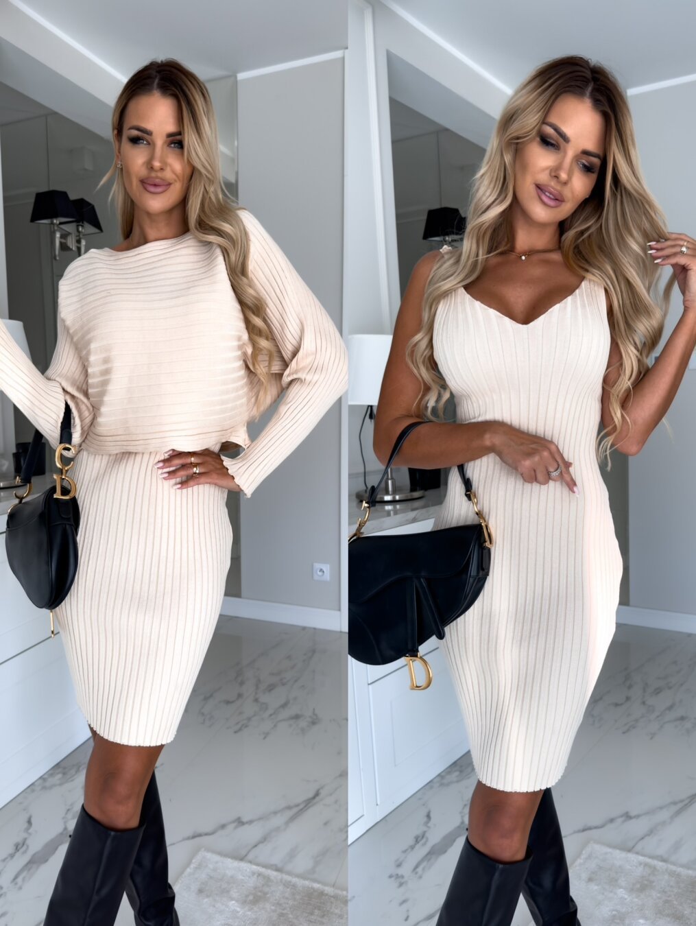 2pcs Suit Women's Solid Stripe Long-sleeved Top And Tight Suspender Skirt Fashion Autumn Winter Slim Clothing - KKAM STORES