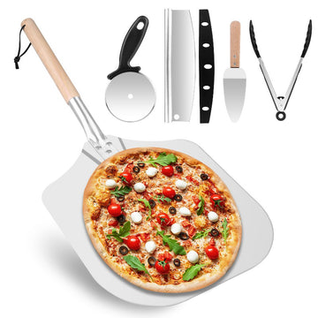 5-Piece Pizza Making Tool Kit – 12" Pizza Paddle with Removable Wooden Handle, Rocker Cutter, Spatula, Pizza Cutter & Food Clip – Ideal for Pizza, Bread, Pastries & BBQ