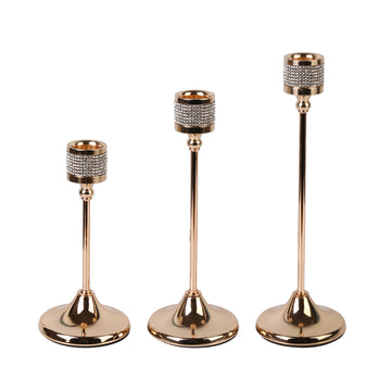 3-Piece Gold Metal Taper Candle Holders – Decorative Candlestick Set for Mantel, Dining Table, and Events