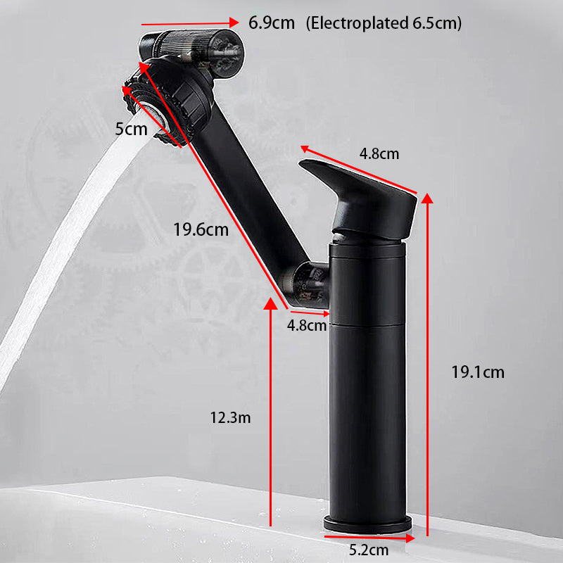 "Black 1080-degree rotating faucet aerator with detailed dimensions labeled in red. The faucet features an extendable multi-angle design, measuring 19.1 cm in height, 19.6 cm in extended length, and various component measurements. Water flows from the nozzle,