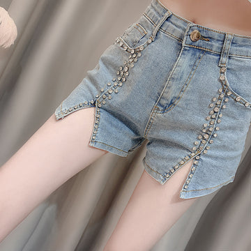 Summer Dress New Style Celebrity Heavy Industry Nail Bead Inlaid Diamond Slim Split Stretch Jeans Women''s Shorts