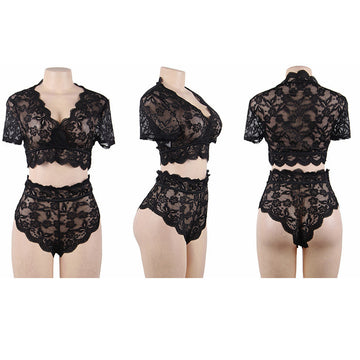 Comeondear High Waist Ensemble Sous Vetement Femme Transparent Underwear Lingerie Set Short Sleeve Bralette Encaje Mujer R80760