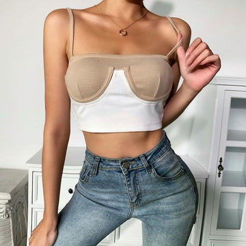 InstaHot Cami Top Women Summer Rib Knit Bikini Patchwork Slash Neck Slim Skinny Backless Crop Top Casual Fashion Strap Tops