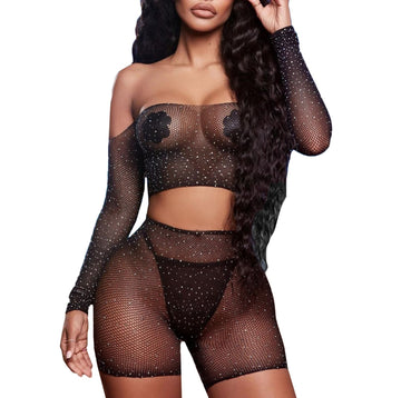 Transparent Lingerie Babydoll Fishnet Erotic Underwear Rhinestone Women Shorts Mesh Porno