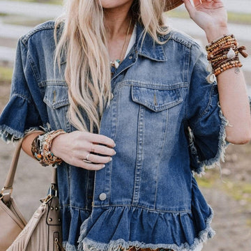 Ruffled Short Sleeves Tops For Women Loose Denim Jacket