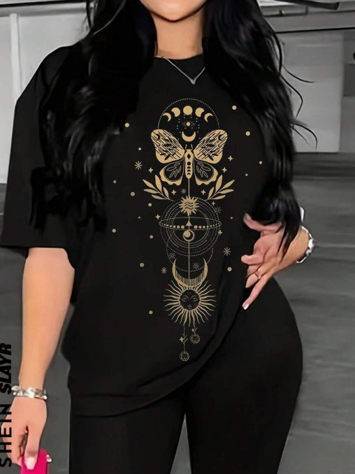 Women's Oversized Butterfly Print Loose Fit Basic Drop Shoulder T-Shirt Graphic Tees Women Tops