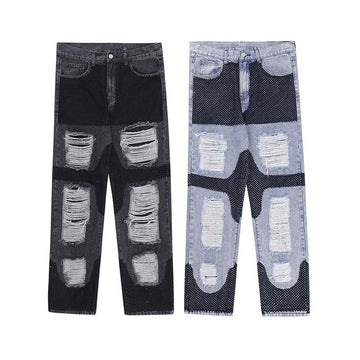 Mens Loose-fitting Casual Frayed Decorative Jeans