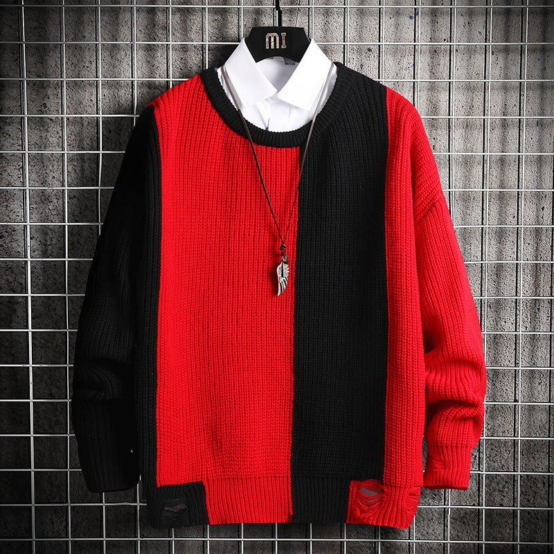 Contrast Stitching Round Neck Pullover Sweater Sweater