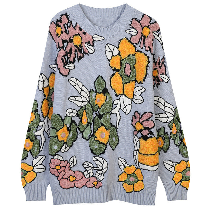 Knitted Women Floral Sweater Long Sleeve Knitwear Casual Loose Outwear Female Jacquard Tops