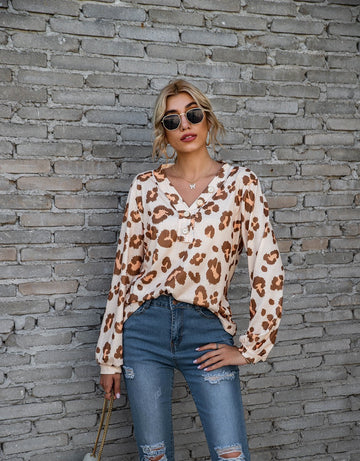 Leopard Print V-neck T-shirt Fashion Loose Long Sleeve Tops For Women Clothing