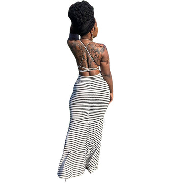 Womens Backless Strapping Sun Stripe Slip Casual Dress