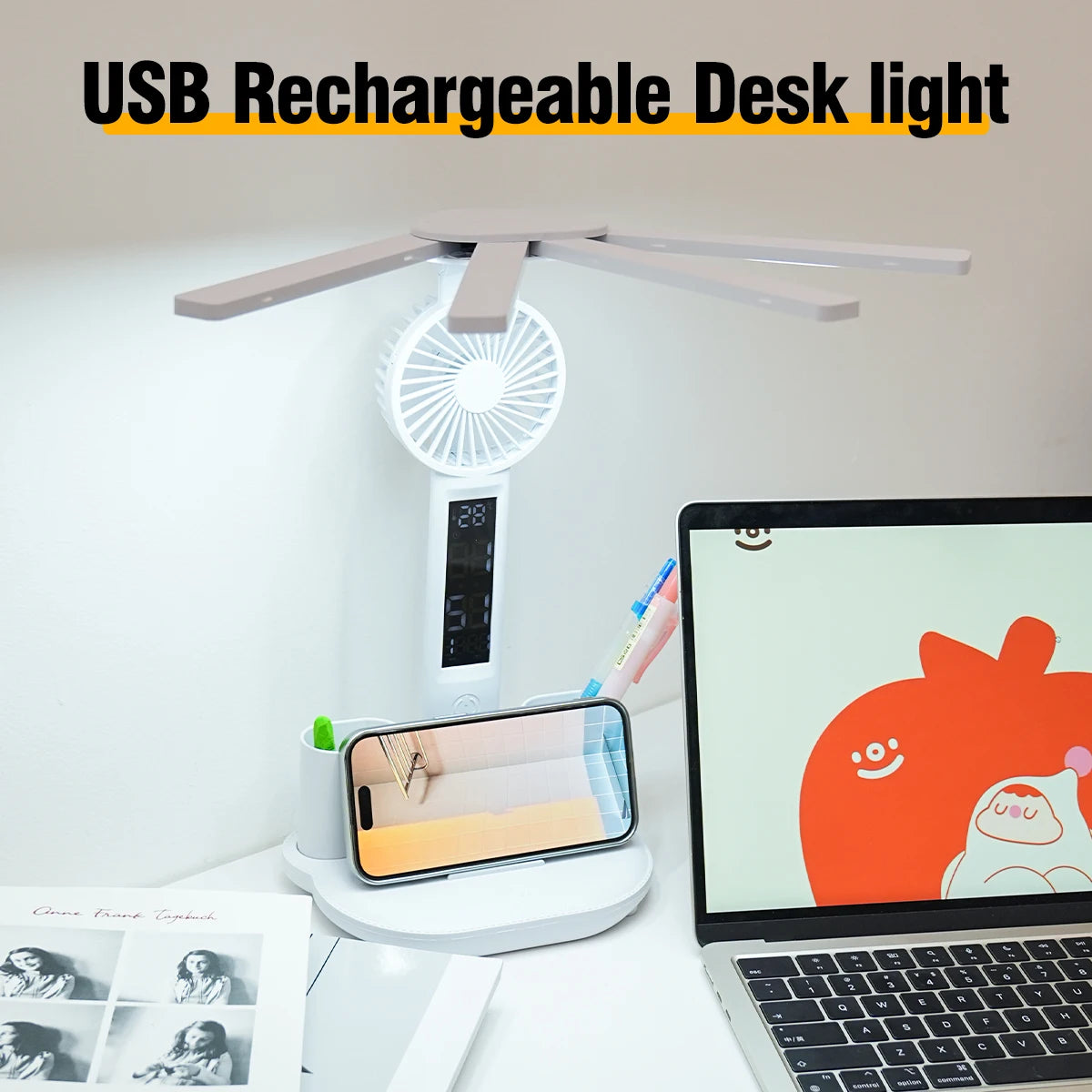 3In1 Multifunctional Desk Lamp LED Desk Lamp Four-Head Folding with Fan Calendar Clock USB Rechargeable Reading Office Desk Lamp