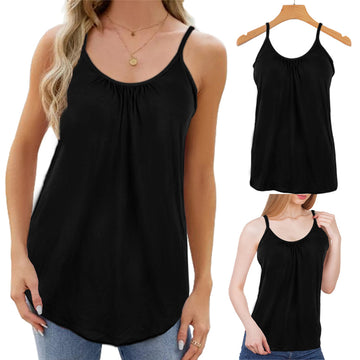 Women Camisole Built in Bra Pleated Vest Loose Fit Flowy Tank Top with Shelf Bra - Black 4XL