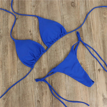 Women Halter Bikini Set Bra Top + Mini Triangle G-string Thong Swimwear Swimsuit Set - Blue.