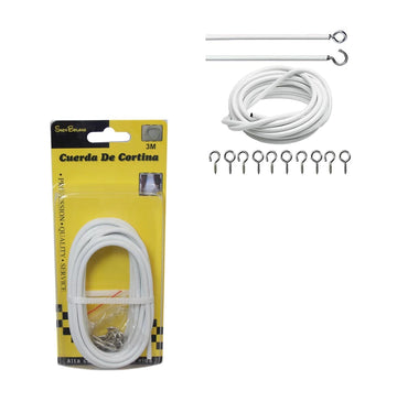 Net Curtain Wire Window Cord Cable with Hooks for Indoor Outdoor 3m - White
