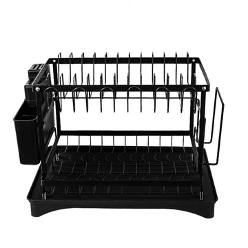 2 Tier Sink Dish Drainer Rack with Drip Tray Plate Rack Cutlery Holder for Kitchen - Black
