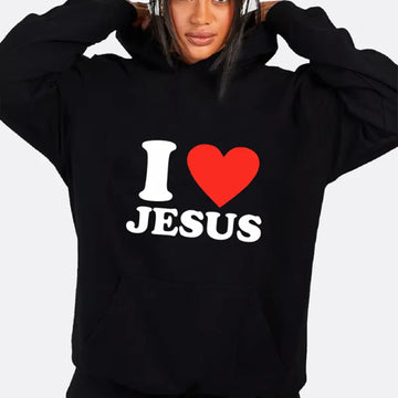 I Love Jesus Print Hoodie, Casual Long Sleeve Hoodies Sweatshirt, Women's Clothing