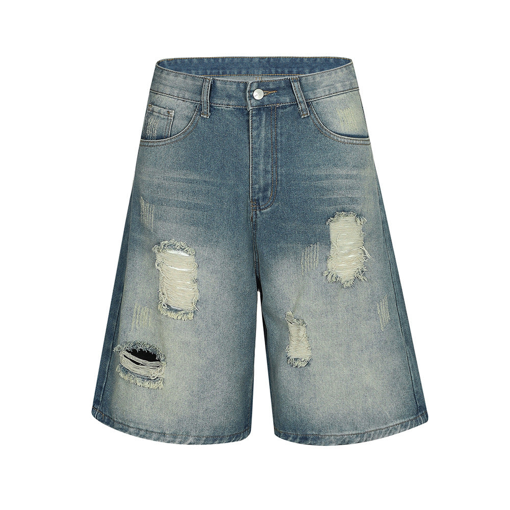 Fashion Washed Hole Denim Shorts Men