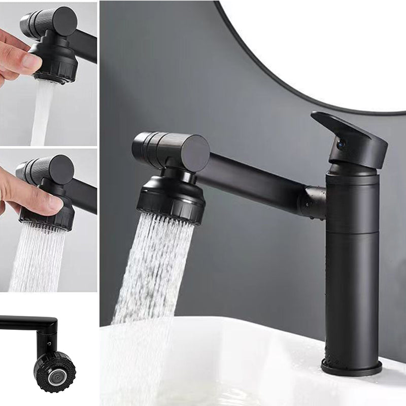 Black 1080-degree rotating faucet aerator installed on a bathroom sink. The image shows multiple water flow modes, including soft bubble stream and strong spray, demonstrated by a person adjusting the nozzle. The flexible faucet head extends for easy cleaning and convenience