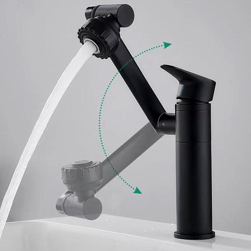 "Black 1080-degree rotating faucet aerator installed on a sink, demonstrating its flexible rotation. The image includes a motion effect showing the aerator’s adjustable angles, allowing for easy water direction control. Water is flowing from the extended nozzle, highlighting its convenience for washing and cleaning