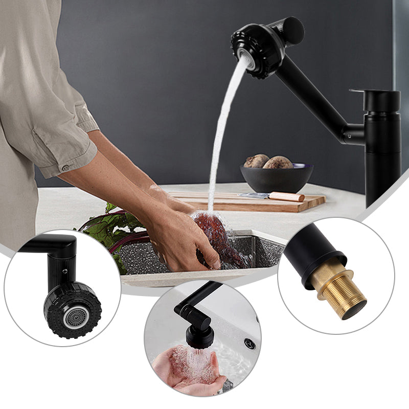 "Black 1080-degree rotating faucet aerator installed on a kitchen sink, with a person washing vegetables under the water flow. The image includes close-up insets showcasing the faucet’s adjustable nozzle, brass connector, and soft water stream mode. A modern and flexible faucet extension